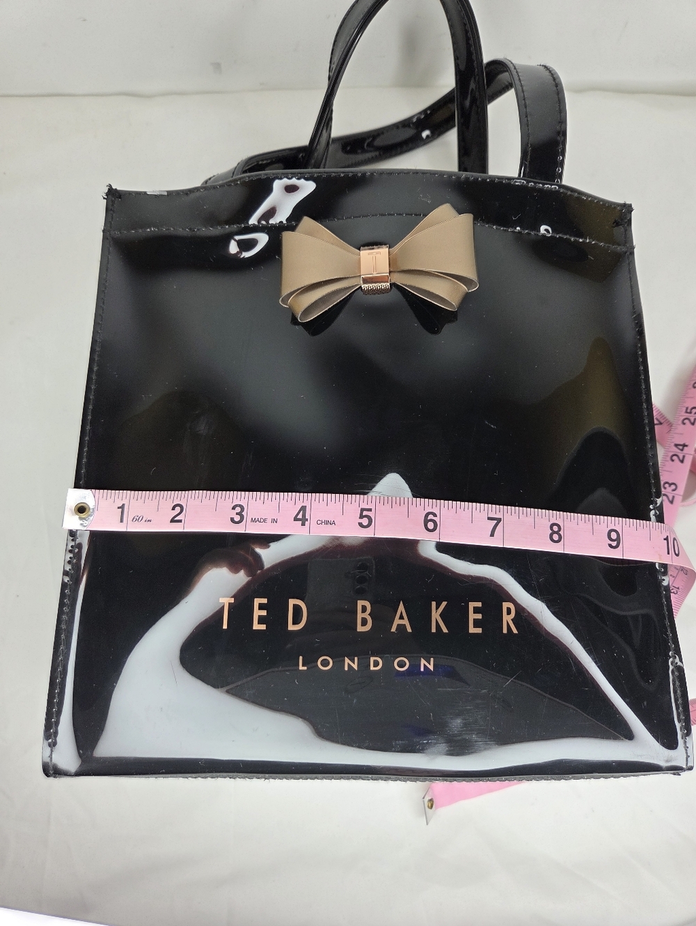Ted Baker London Patent PVC Tote Bag Gold Bow In Glossy Black Finish - Picture 16 of 16